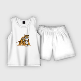 Детская пижама с шортами хлопок с принтом Тигрица с игривым тигрёнком в Петрозаводске,  |  | affection | muzzle | paws | skin | tail | tiger cub | tigress | лапы | ласка | тигрёнок | тигрица | хвост