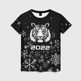 Женская футболка 3D с принтом Новогодний тиг 2022 со снежинками. в Петрозаводске, 100% полиэфир ( синтетическое хлопкоподобное полотно) | прямой крой, круглый вырез горловины, длина до линии бедер | 2022 | merry christmas | год тигра | нг | новогодний тигр | новогодняя символика | новый год | рождество | символ 2022 года | снежинки | тигр