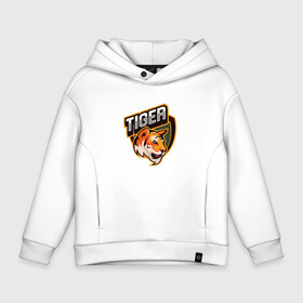 Детское худи Oversize хлопок с принтом Тигр | Tiger логотип в Петрозаводске, френч-терри — 70% хлопок, 30% полиэстер. Мягкий теплый начес внутри —100% хлопок | боковые карманы, эластичные манжеты и нижняя кромка, капюшон на магнитной кнопке | Тематика изображения на принте: tiger | восточный тигр | год тигра | кошка | тигр | тигренок | хищник