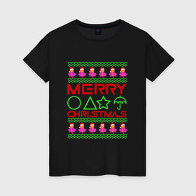 Женская футболка хлопок с принтом Merry Christmas Squid Game в Петрозаводске, 100% хлопок | прямой крой, круглый вырез горловины, длина до линии бедер, слегка спущенное плечо | 2022 | merry christmas | squid game | squid game new year | игра в кальмара | новогодняя игра в кальмара | новый год | новый год 2022 | паттерн игра в кальмара | рождество | с рождеством | сериал игра в кальмара