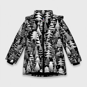 Зимняя куртка для девочек 3D с принтом Лес абстрактных ёлок в Петрозаводске, ткань верха — 100% полиэстер; подклад — 100% полиэстер, утеплитель — 100% полиэстер. | длина ниже бедра, удлиненная спинка, воротник стойка и отстегивающийся капюшон. Есть боковые карманы с листочкой на кнопках, утяжки по низу изделия и внутренний карман на молнии. 

Предусмотрены светоотражающий принт на спинке, радужный светоотражающий элемент на пуллере молнии и на резинке для утяжки. | абстракция | ёлка | ель | лес | новогодний | новый год | паттерн | рождество | снег | снежинки | чернобелый