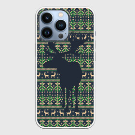 Чехол для iPhone 13 Pro с принтом Лось на вязанном фоне в Петрозаводске,  |  | Тематика изображения на принте: вышивка | вязаное | дикий. | животное | лес | лось | паттерн | узор