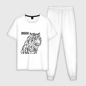 Мужская пижама хлопок с принтом ТиГрРрА в Петрозаводске, 100% хлопок | брюки и футболка прямого кроя, без карманов, на брюках мягкая резинка на поясе и по низу штанин
 | Тематика изображения на принте: 2022 | зима | кот | новый год | тигр