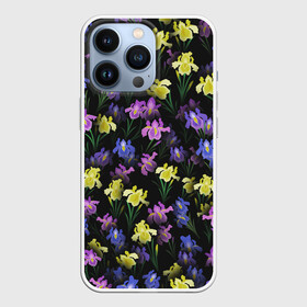 Чехол для iPhone 13 Pro с принтом Ночные ирисы в Петрозаводске,  |  | букет | ирис | клумба | паттерн | растения | флора | цветочки | цветы