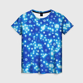Женская футболка 3D с принтом Сверкающие снежинки в Петрозаводске, 100% полиэфир ( синтетическое хлопкоподобное полотно) | прямой крой, круглый вырез горловины, длина до линии бедер | blue | christmas | cold | ice | new year | snow | snowflakes | stars | winter | блеск | звезды | зима | зимний орнамент | иней | космические снежинки | кристаллы | лед | мороз | новогодний узор | новый год | подарок | рождество