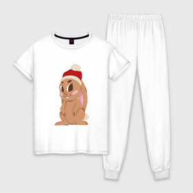 Женская пижама хлопок с принтом Новогодний зайчик 2022 в Петрозаводске, 100% хлопок | брюки и футболка прямого кроя, без карманов, на брюках мягкая резинка на поясе и по низу штанин | 2022 | заяц | кролик | новый год