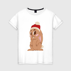Женская футболка хлопок с принтом Новогодний зайчик 2022 в Петрозаводске, 100% хлопок | прямой крой, круглый вырез горловины, длина до линии бедер, слегка спущенное плечо | 2022 | заяц | кролик | новый год
