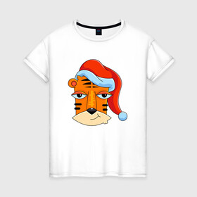 Женская футболка хлопок с принтом Забавный тигр 2022 в Петрозаводске, 100% хлопок | прямой крой, круглый вырез горловины, длина до линии бедер, слегка спущенное плечо | 2022 | год тигра | новый год | новый год 2022 | символ года | тигр | тигренок | тигрица | тигры
