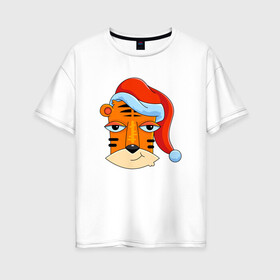 Женская футболка хлопок Oversize с принтом Забавный тигр 2022 в Петрозаводске, 100% хлопок | свободный крой, круглый ворот, спущенный рукав, длина до линии бедер
 | 2022 | год тигра | новый год | новый год 2022 | символ года | тигр | тигренок | тигрица | тигры