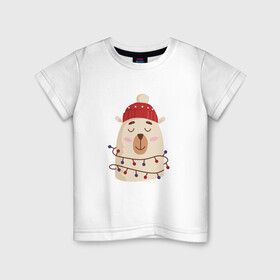 Детская футболка хлопок с принтом Медведь в гирляндах в Петрозаводске, 100% хлопок | круглый вырез горловины, полуприлегающий силуэт, длина до линии бедер | 2022 | год тигра | новый год | новый год 2022 | символ года | тигр | тигренок | тигрица | тигры