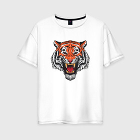 Женская футболка хлопок Oversize с принтом Сердитый тигр 2022 год в Петрозаводске, 100% хлопок | свободный крой, круглый ворот, спущенный рукав, длина до линии бедер
 | 2022 год тигра | год тигра | китайский | новый год | полосатый | с принтом тигра | с символом | с тигром | сердитый | тигр