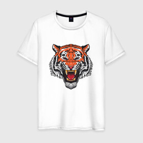 Мужская футболка хлопок с принтом Сердитый тигр 2022 год в Петрозаводске, 100% хлопок | прямой крой, круглый вырез горловины, длина до линии бедер, слегка спущенное плечо. | 2022 год тигра | год тигра | китайский | новый год | полосатый | с принтом тигра | с символом | с тигром | сердитый | тигр