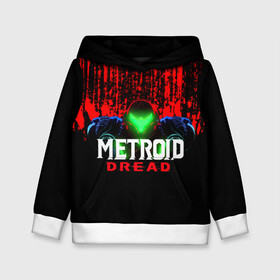 Детская толстовка 3D с принтом Metroid Dread Самус Аран и потеки крови в Петрозаводске, 100% полиэстер | двухслойный капюшон со шнурком для регулировки, мягкие манжеты на рукавах и по низу толстовки, спереди карман-кенгуру с мягким внутренним слоем | Тематика изображения на принте: aran | dread | mercurysteam | metroid | nintendo | samus | samus aran | самус аран