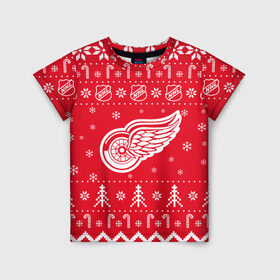 Детская футболка 3D с принтом Детройт Ред Уингз Новогодний в Петрозаводске, 100% гипоаллергенный полиэфир | прямой крой, круглый вырез горловины, длина до линии бедер, чуть спущенное плечо, ткань немного тянется | 2021 | 2022 | christmas | detroit | detroit red wings | hockey | merry christmas | new year | nhl | red wings | snow | usa | winter | детройд | детройт | детройт ред уингз | зима | нов | новогодняя | новый год | нхл | ред уингз | рождество 