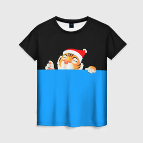 Женская футболка 3D с принтом ГОД ТИГРА (2022) в Петрозаводске, 100% полиэфир ( синтетическое хлопкоподобное полотно) | прямой крой, круглый вырез горловины, длина до линии бедер | 2022 | merry christmas | год тигра | нг | новогодний тигр | новогодняя символика | новый год | рождество | символ 2022 года | снежинки | тигр
