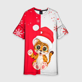 Детское платье 3D с принтом НОВЫЙ ГОД | ТИГР | СНЕЖИНКИ в Петрозаводске, 100% полиэстер | прямой силуэт, чуть расширенный к низу. Круглая горловина, на рукавах — воланы | 2022 | merry christmas | год тигра | нг | новогодний тигр | новогодняя символика | новый год | рождество | символ 2022 года | снежинки | тигр