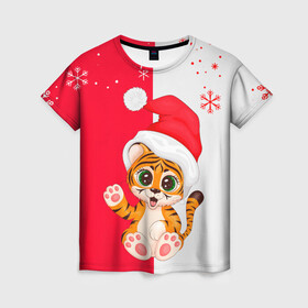Женская футболка 3D с принтом НОВЫЙ ГОД | ТИГР | СНЕЖИНКИ в Петрозаводске, 100% полиэфир ( синтетическое хлопкоподобное полотно) | прямой крой, круглый вырез горловины, длина до линии бедер | 2022 | merry christmas | год тигра | нг | новогодний тигр | новогодняя символика | новый год | рождество | символ 2022 года | снежинки | тигр
