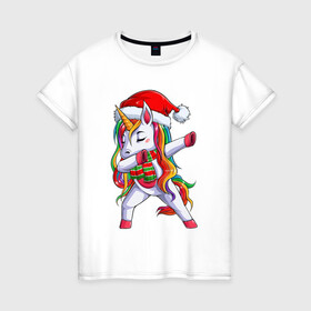 Женская футболка хлопок с принтом Новогодний Единорог Даб в Петрозаводске, 100% хлопок | прямой крой, круглый вырез горловины, длина до линии бедер, слегка спущенное плечо | christmas | dabbing | santa | unicorn | даббинг | дед мороз | единорог | новый год | радуга | радужный | рождество | санта | снежинка | юникорн