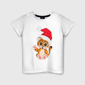 Детская футболка хлопок с принтом Новый год (тигренок) в Петрозаводске, 100% хлопок | круглый вырез горловины, полуприлегающий силуэт, длина до линии бедер | 2022 | год тигра | новогодний тигр | новый год | рождество | символ 2022 года | снежинки | тигр