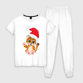 Женская пижама хлопок с принтом Новый год (тигренок) в Петрозаводске, 100% хлопок | брюки и футболка прямого кроя, без карманов, на брюках мягкая резинка на поясе и по низу штанин | 2022 | год тигра | новогодний тигр | новый год | рождество | символ 2022 года | снежинки | тигр