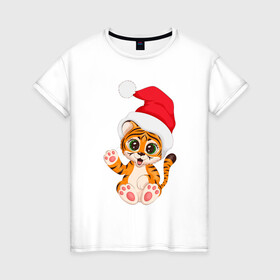 Женская футболка хлопок с принтом Новый год (тигренок) в Петрозаводске, 100% хлопок | прямой крой, круглый вырез горловины, длина до линии бедер, слегка спущенное плечо | 2022 | год тигра | новогодний тигр | новый год | рождество | символ 2022 года | снежинки | тигр