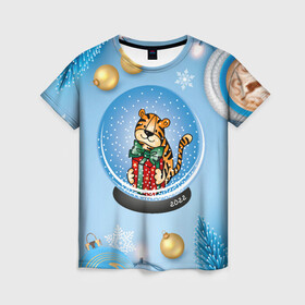 Женская футболка 3D с принтом Тигренок в новогоднем шаре в Петрозаводске, 100% полиэфир ( синтетическое хлопкоподобное полотно) | прямой крой, круглый вырез горловины, длина до линии бедер | 2022 | год тигра | новый год | новый год 2022 | символ года | тигр | тигренок | тигрица | тигры