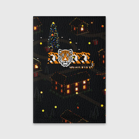 Обложка для паспорта матовая кожа с принтом Ночной новогодний город 2022 год тигра в Петрозаводске, натуральная матовая кожа | размер 19,3 х 13,7 см; прозрачные пластиковые крепления | Тематика изображения на принте: 2022 | год тигра | новый год | новый год 2022 | символ года | тигр | тигренок | тигрица | тигры