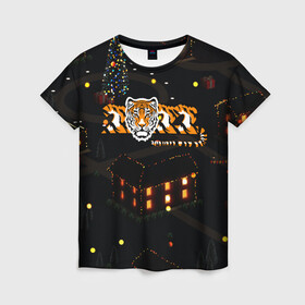 Женская футболка 3D с принтом Ночной новогодний город 2022 год тигра в Петрозаводске, 100% полиэфир ( синтетическое хлопкоподобное полотно) | прямой крой, круглый вырез горловины, длина до линии бедер | 2022 | год тигра | новый год | новый год 2022 | символ года | тигр | тигренок | тигрица | тигры