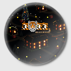 Значок с принтом Ночной новогодний город 2022 год тигра в Петрозаводске,  металл | круглая форма, металлическая застежка в виде булавки | 2022 | год тигра | новый год | новый год 2022 | символ года | тигр | тигренок | тигрица | тигры