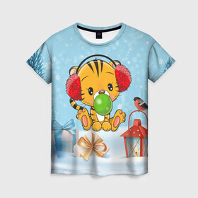 Женская футболка 3D с принтом Тигренок жует жвачку в Петрозаводске, 100% полиэфир ( синтетическое хлопкоподобное полотно) | прямой крой, круглый вырез горловины, длина до линии бедер | 2022 | год тигра | новый год | новый год 2022 | символ года | тигр | тигренок | тигрица | тигры