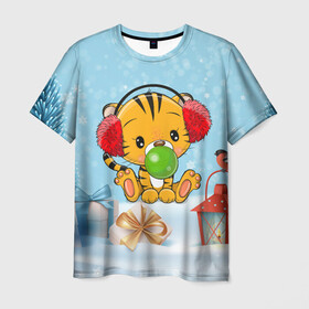 Мужская футболка 3D с принтом Тигренок жует жвачку в Петрозаводске, 100% полиэфир | прямой крой, круглый вырез горловины, длина до линии бедер | Тематика изображения на принте: 2022 | год тигра | новый год | новый год 2022 | символ года | тигр | тигренок | тигрица | тигры