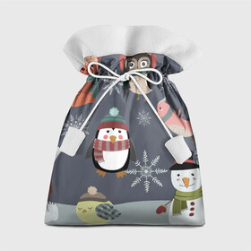 Подарочный 3D мешок с принтом НОВОГОДНИЙ ПАТТЕРН ЖИВОТНЫЕ в Петрозаводске, 100% полиэстер | Размер: 29*39 см | животные | зима | лес | новый год | олени | праздник | рождество | снег | снеговик | снежинки | сова