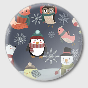 Значок с принтом НОВОГОДНИЙ ПАТТЕРН ЖИВОТНЫЕ в Петрозаводске,  металл | круглая форма, металлическая застежка в виде булавки | животные | зима | лес | новый год | олени | праздник | рождество | снег | снеговик | снежинки | сова