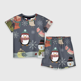 Детский костюм с шортами 3D с принтом НОВОГОДНИЙ ПАТТЕРН ЖИВОТНЫЕ в Петрозаводске,  |  | Тематика изображения на принте: животные | зима | лес | новый год | олени | праздник | рождество | снег | снеговик | снежинки | сова