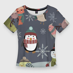 Женская футболка 3D Slim с принтом НОВОГОДНИЙ ПАТТЕРН ЖИВОТНЫЕ в Петрозаводске,  |  | животные | зима | лес | новый год | олени | праздник | рождество | снег | снеговик | снежинки | сова