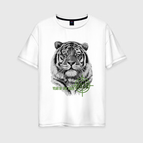 Женская футболка хлопок Oversize с принтом Год белого тигра 2022 в Петрозаводске, 100% хлопок | свободный крой, круглый ворот, спущенный рукав, длина до линии бедер
 | 2022 | tiger | year of the tiger | белый тигр | год 2022 | год под прицелом | год тигра | новогодний тигр | новый год | тигр