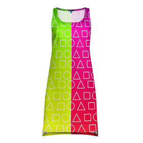 Платье-майка 3D с принтом Игра в кальмара (розовый+желтый) в Петрозаводске, 100% полиэстер | полуприлегающий силуэт, широкие бретели, круглый вырез горловины, удлиненный подол сзади. | frankenstein dress | гра в кальмара | желтый | зеленый | игра | кальмар | квадрат | квадратик | красный | круг | кружок | половинчатый | розовый | треугольник | треугольничек