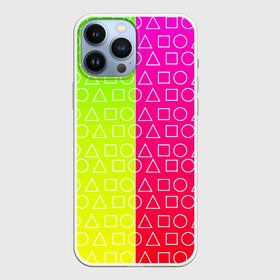 Чехол для iPhone 13 Pro Max с принтом Игра в кальмара (розовый+желтый) в Петрозаводске,  |  | frankenstein dress | гра в кальмара | желтый | зеленый | игра | кальмар | квадрат | квадратик | красный | круг | кружок | половинчатый | розовый | треугольник | треугольничек