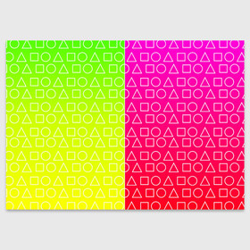 Поздравительная открытка с принтом Игра в кальмара (розовый+желтый) в Петрозаводске, 100% бумага | плотность бумаги 280 г/м2, матовая, на обратной стороне линовка и место для марки
 | frankenstein dress | гра в кальмара | желтый | зеленый | игра | кальмар | квадрат | квадратик | красный | круг | кружок | половинчатый | розовый | треугольник | треугольничек