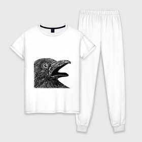 Женская пижама хлопок с принтом Крик чёрного ворона в Петрозаводске, 100% хлопок | брюки и футболка прямого кроя, без карманов, на брюках мягкая резинка на поясе и по низу штанин | ворон | ворона | депрессия | злая птичка | зло | птица | рисунок