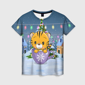 Женская футболка 3D с принтом Тигренок 2022 в кружке в Петрозаводске, 100% полиэфир ( синтетическое хлопкоподобное полотно) | прямой крой, круглый вырез горловины, длина до линии бедер | 2022 | год тигра | новый год | новый год 2022 | символ года | тигр | тигренок | тигрица | тигры