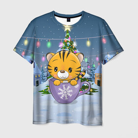 Мужская футболка 3D с принтом Тигренок 2022 в кружке в Петрозаводске, 100% полиэфир | прямой крой, круглый вырез горловины, длина до линии бедер | 2022 | год тигра | новый год | новый год 2022 | символ года | тигр | тигренок | тигрица | тигры