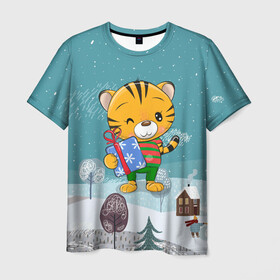 Мужская футболка 3D с принтом 2022 Тигренок с подарком в Петрозаводске, 100% полиэфир | прямой крой, круглый вырез горловины, длина до линии бедер | Тематика изображения на принте: 2022 | год тигра | новый год | новый год 2022 | символ года | тигр | тигренок | тигрица | тигры