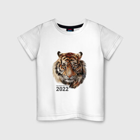 Детская футболка хлопок с принтом Тигр 2022 символ в Петрозаводске, 100% хлопок | круглый вырез горловины, полуприлегающий силуэт, длина до линии бедер | амурский тигр | год 2022 | кошка | новый год | символ 2022 | тигр | тигр 2022