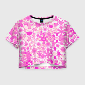 Женская футболка Crop-top 3D с принтом MURAKAMI PINK МУРАКАМИ РОЗОВЫЙ в Петрозаводске, 100% полиэстер | круглая горловина, длина футболки до линии талии, рукава с отворотами | cute flowers | flower superflat | flowers | murakami | pop art | superflat | takashi murakami | милые цветочки | мураками | ромашки | такаси мураками | такаши мураками | цветочки | цветы