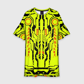 Детское платье 3D с принтом Cyberpunk 2077 YELLOW в Петрозаводске, 100% полиэстер | прямой силуэт, чуть расширенный к низу. Круглая горловина, на рукавах — воланы | Тематика изображения на принте: будущее | жолтый | киберпанк | минимализм | полосы | схемы