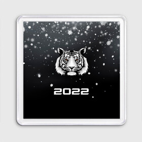 Магнит 55*55 с принтом Новогодний тигр символ 2022. в Петрозаводске, Пластик | Размер: 65*65 мм; Размер печати: 55*55 мм | Тематика изображения на принте: 2022 | merry christmas | год тигра | зима близко | нг | новогодний | новогодний тигр | новогодняя символика | новый год | новый год 2022 | рождество | символ 2022 года | снег | снежинки | тигр