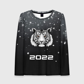 Женский лонгслив 3D с принтом Новогодний тигр символ 2022. в Петрозаводске, 100% полиэстер | длинные рукава, круглый вырез горловины, полуприлегающий силуэт | 2022 | merry christmas | год тигра | зима близко | нг | новогодний | новогодний тигр | новогодняя символика | новый год | новый год 2022 | рождество | символ 2022 года | снег | снежинки | тигр