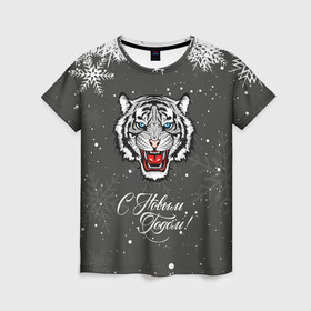 Женская футболка 3D с принтом Зима близко символ 2022 года. в Петрозаводске, 100% полиэфир ( синтетическое хлопкоподобное полотно) | прямой крой, круглый вырез горловины, длина до линии бедер | 2022 | merry christmas | год тигра | зима близко | нг | новогодний | новогодний тигр | новогодняя символика | новый год | новый год 2022 | рождество | символ 2022 года | снег | снежинки | тигр