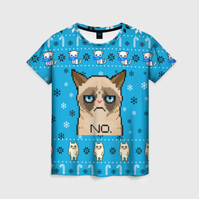 Женская футболка 3D с принтом Grumpy КОТ МЕМ НОВОГОДНИЙ в Петрозаводске, 100% полиэфир ( синтетическое хлопкоподобное полотно) | прямой крой, круглый вырез горловины, длина до линии бедер | 2021 | 2022 | cat | christmas | mem | merry | merry christmas | new year | snow | sweater | ugly christmas | winter | зима | кис | киска | кот | котейка | котик | коты | котяра | кошка | кошки | мем | мемы | новогодний | новогодняя | новый 